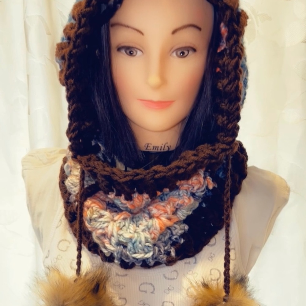 Handmade , crochet granny square balaclava , Adult size , Faux Fur Pom pom ,